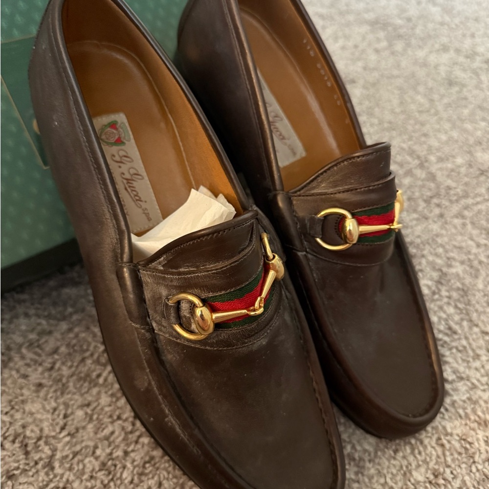 Gucci Men's Dark Brown Leather Loafers with Gold Accents
